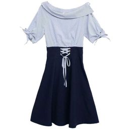 PERHAPS U Blue Green Slash Neck Lace Up Short Sleeve Patchwork Knee Length Dress Summer D0505 210529