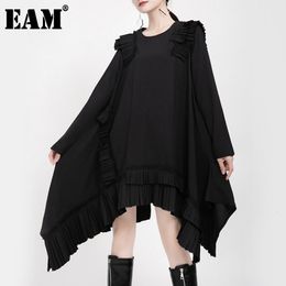 [EAM] Women Asymmetrical Pleated Temperament Dress Round Neck Long Sleeve Loose Fit Fashion Spring Autumn 19A-a179 21512