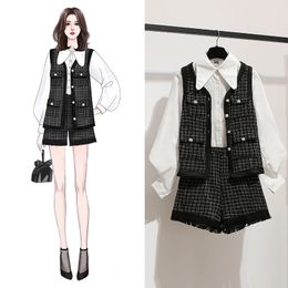 Tweed Shirts 3 Piece Women White Shirt Top+Single-Breasted Plaid Vest+Tassels Shorts Casual Girls Three Pieces Pant Set 210416