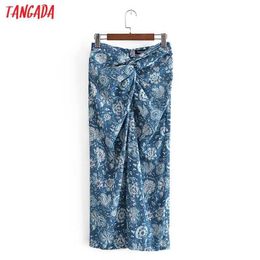 Tangada Women Fashion Blue Printed Knot Midi Skirt Vintage High Waist Back Zipper Female Skirts Mujer 3H364 210609