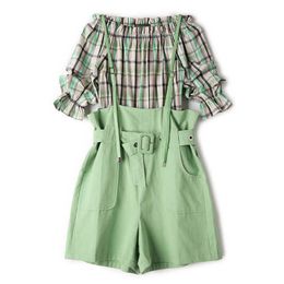 PERHAPS U Women Green Slash Neck Plaid Flare Half Sleeve Top Empire Sash Pocket Short Bib Pants Casual Two-piece Set T0325 210529