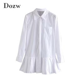 Women White Pleated Shirt Mini Dress Long Sleeve Turn Down Collar Office es Solid Colour Casual A-line Vestidos 210515