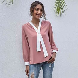 Elegant Chiffon Blouses Women Fashion Long Sleeve V-Neck Cross Bow Tie Patchwork Office Blouse Casual Loose Female Shirt Top 210522