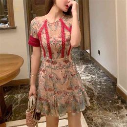 High-end Flower Embroidery Mini Lace Mesh Dress Summer Women Short Sleeve Sexy Club Robe Femme Mermaid Party 210514