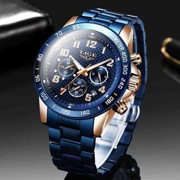 Lige Mens Relógios Top Marca Luxo Azul Aço Inoxidável Quartzo Assista Homens Moda À Prova D 'Água Cronógrafo Esporte Relógios 210527