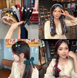 Girl / lady headband Bow braided hair hoop mix color fabric art Pearl fold ribbon Versatile head accessories