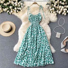Women Fashion Sleeveless Summer Pleated Slim Floral Print A-line Dress Korean Vestidos De Mujer S637 210527