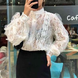 Lace Stitching White Women's Blouse Loose Long Sleeve Office Ladies Blouses See-through Button Shirts Tops Female Clothes 13339 210512