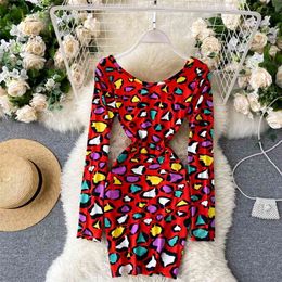 Lady Fashion Ins Color Leopard Print Long Sleeve Casual Dress Women Elastic Slim Short Autumn Package Hip Vestidos P845 210527