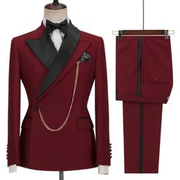 New Design Double Breasted Men Suit With Pants Burgundy 2 Pieces Slim Fit High Quality Wedding Costume Party Prom Blazer Male Suits