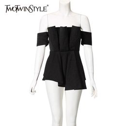TWOTWINSTYLE Sexy Black Shirt For Women Slash Neck Short Sleeve Tunic Peated Blouse Female Fashion Summer Clothing 210517
