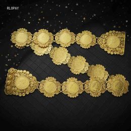 Algerian Traditional Metal Coin Hollow Flower Design Caftan Arabic Women Body Chain Luxury Bridal Dress Belts Gold