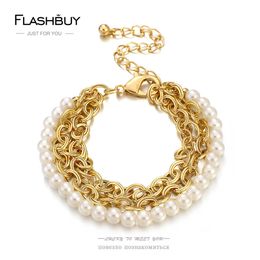 Flashbuy Simple Multilayer Chain Metal Imitation Pearl Bracelets for Women New Temperament Adjustable Accessories G1026