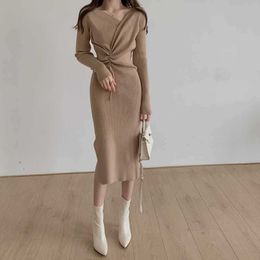 One-Piece Women V-Neck Drawstring Knit Dress Korean Elegant Long Sleeve Autumn Winter Woman Knitting Sweater Dresses Simple 2020 Y0603