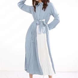 Spring Women Vintage Loose High Waist Slim Was Thin Elegant Hit Colour Folds Maxi Dress ZA5804 210427