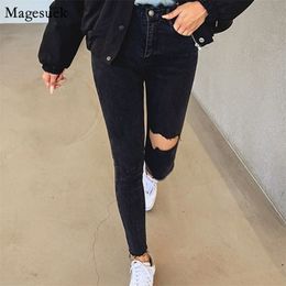 for Women Black Jeans High Waist Skinny Tassel Ripped Holes Female Pencil Denim Trousers Casual Pantalon 10401 210518