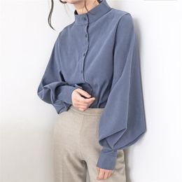 Qooth Vintage Lantern Sleeve Autumn Winter Thicken Women Shirt Blouses Single Breasted Blouse Female Loose Shirts Tops QT022 210518