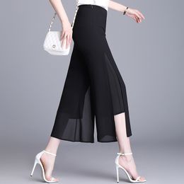 Pants Seven Chiffon Wide Leg Female Zipper Summer Loose Black Fashion Women Pantalones Mujer Cintura Alta 168A 210420