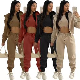 Womens Joggers Tracksuits Fashion Thick Hooded Sweatsuits Thread Vest Fleece Straight Pants 3 Piece Sets Designer Female Knitted Rib Suits
