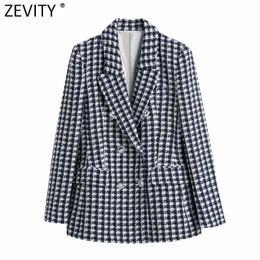 Zevity Women England Style Houndstooth Slim Tweed Woollen Blazer Coat Female Vintage Long Sleeve Outerwear Chic Suits Tops CT697 210603