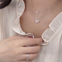 925 Sterling Silver Multi-Layer Link Chain Butterfly Charm Pendant Choker Necklace For Women Statement Jewelry dz788