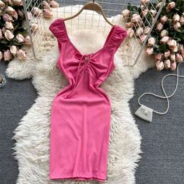 Women Fashion Sexy Hollowed Out V Collar Slim Holiday Mini Package Dress Summer Solid Color Vestidos S376 210527