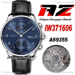 AZF IW37160 A69355 Automatic Chronograph Mens Watch Steel Case Blue Dial Silver Number Markers Black Leather Strap Stopwatch Super Edition Puretime C3