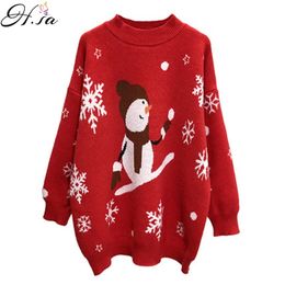 Korean Style Women Loose Oversize Pullover and Jumpers O NECK Snowman Snowflake Christmas Sweater Cartoon 210430