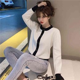 autumn long-sleeved knitted cardigan Asian version slimming round neck bottoming top sweet Colour matching jacket women 210412