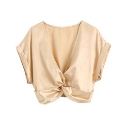 HSA Sexy Deep V-Neck Ladies Office Blouse Shirt Spring Short Sleeve Bow Hem Solid Shirts Women Korean Satin Silk Tops 210417