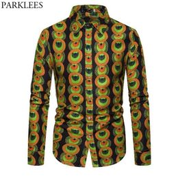 3D Totem Circle Print African Shirt Men Batik Wax Cotton Mens Dress Shirts Long Sleeve Bazin Riche Traditional Clothing 210522