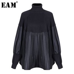 [EAM] Pelated Split Big Size Knitting Sweater Loose Fit Turtleneck Long Sleeve Women Pullovers Fashion Spring 1M877 211007