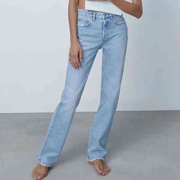 ZA women boyfriend stretch straight Jeans Washed full length Mid waist denim pants pocket blue versatile Trousers Ladies 211129