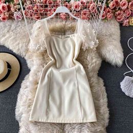Dress for women Summer waist slim elegant retro puff sleeve dress square neck A-Line Solid Embroidery vestidos 210420