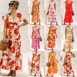 Womens maxi retro Dress summer short-sleeved button lace-up positioning flower dress womens long Print beach Dress vestido 210514