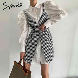 Syiwidii 2 Piece Sets Blouse Dress for Women White Shirts Mini Sashes A-Line Vintage Puff Sleeve Houndstooth Turn-Down Collar 210322