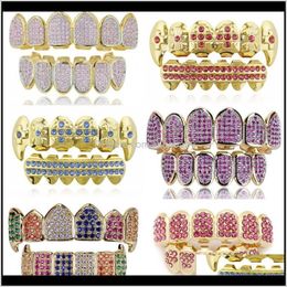 Grillz, Dental Body Drop Delivery 2021 18K Real Gold Punk Hiphop Multicolor Cz Zircon Vampire Teeth Fang Grillz Diamond Grills Braces Tooth C