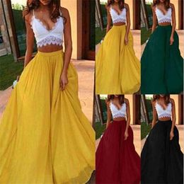 Chiffon Long Skirt Elegant Solid Color Skirt Summer Autumn Women's High Waist Double A-line Boho Style Beach Maxi Skirts Saias 210412