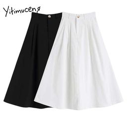 Yitimuceng Skirt Women Button High Waist A-Line Unicolor White Black Clothing Summer Japanese Fashion Preppy Style Skirts 210601