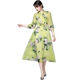 Fashionable Women's Dress Chiffon Printed Long Sleeve Bowknot Neck Elegant Summer Vacation Style Skirt 210520