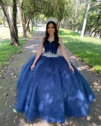 dark blue 15 dresses Australia - 2022 Sexy Dark Blue Country Boho Quinceanera Prom Dresses Ball Gown off shoulder with Sleeve Long Glitter Tulle Evening party Formal Sweet 16 Dress Vestidos 15 Anos