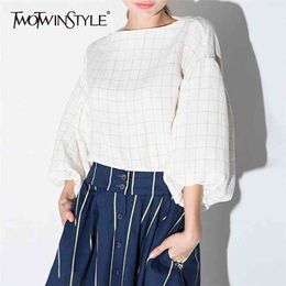 Elegant Loose Shirt For Women O Neck Long Sleeve Plaid Casual Blouse Female Spring Fashion Clothing 210524