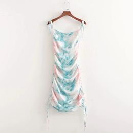 Summer Women Tie Dye Printing Drawstring Pleated Suspender Mini Dress Female Clothes Casual Lady Loose Vestido D7751 210430