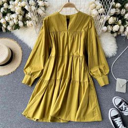 Women's Autumn Korean Simple Pure Color Long Sleeve Loose Dress Lady Round Neck Casual Vestidos P543 210527