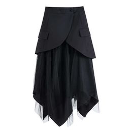 PERHAPS U Black Solid Asymmetrical Mesh Midi Skirt High Street Empire Vintage A Line Skirt S0185 210529