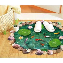 Free cartoon goldfish lotus bedroom living room wall stickers removable waterproof toilet 3D stickers home decor 210420