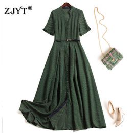 Fashion Short Sleeve Single Breasted Summer Midi Vintage Dress Women Elegant Plaid Print Robe Casual Holiday Green Vestidos 210601