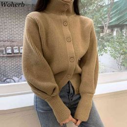 Turntleneck Lanterna Sleeve Cardigans Mujer Sólido Coreano Autumn Knit desgaste Único Breasted Retro Mulher Suéter 210422