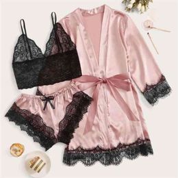 Pyjamas For Women Three Pieces Suit Night Gown Loungewear Pyjama Pants Set Lingerie Lace Homewear Ladies Underwear 210809