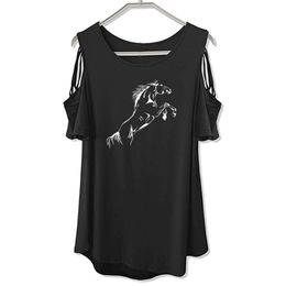 New Running Horse funny T-Shirt Women Loose Cotton Short Sleeve Female T-shirts Fashion Tops Off The Shoulder Hollow Tee 210330